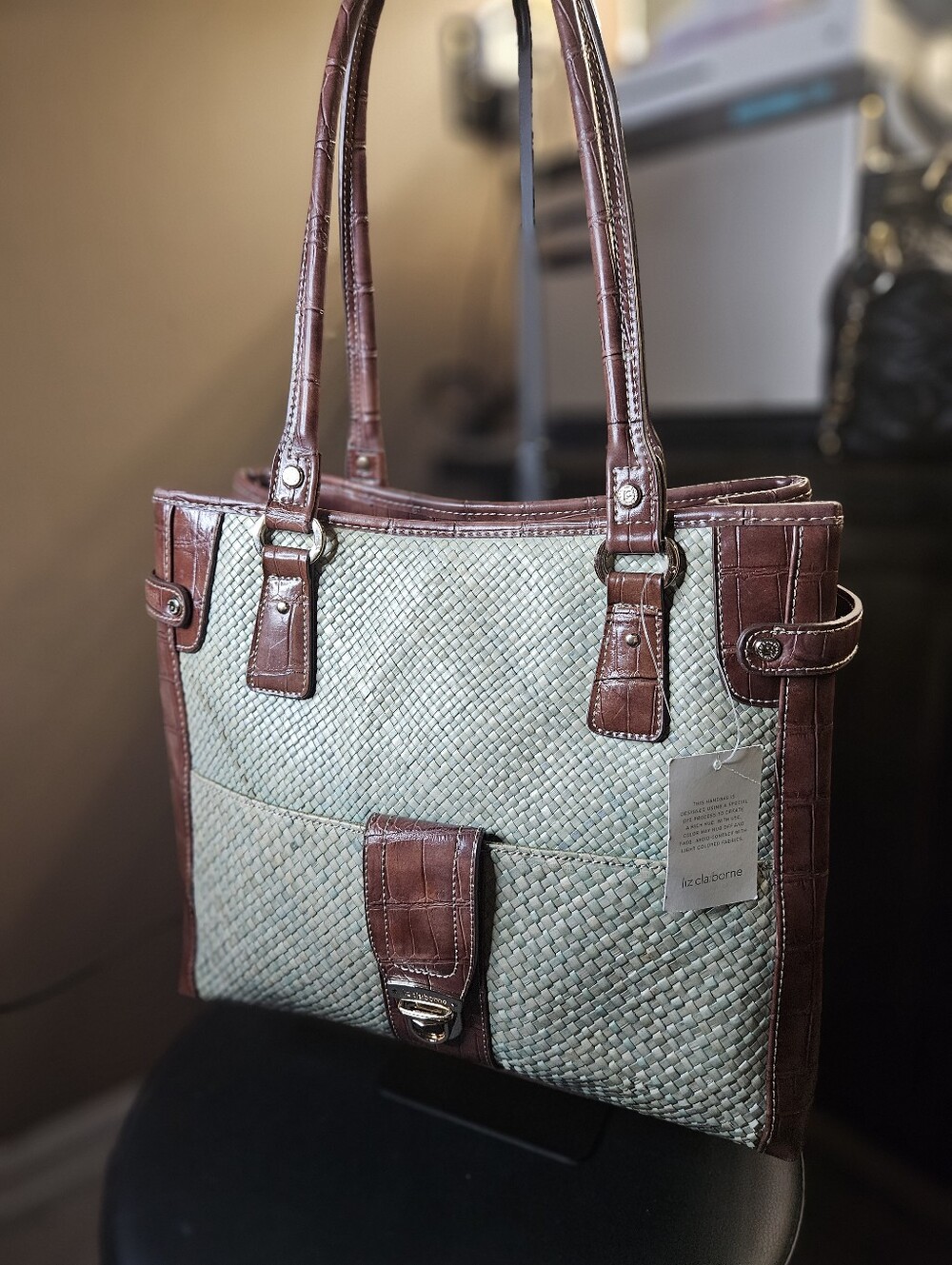 NWT Liz Claiborne Brown & Light Green Woven And Leather Tote Bag